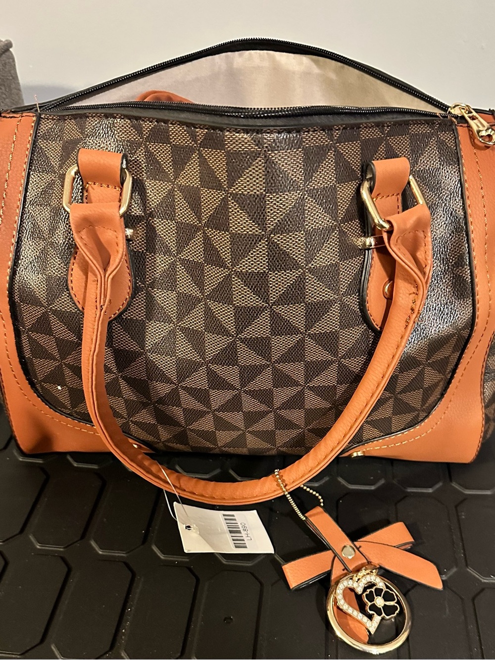 Brown Patterned Satchel Bag with Tan Trim